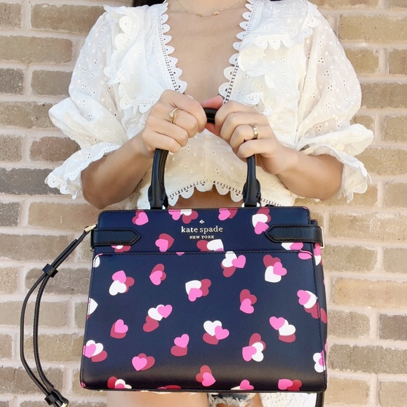 Kate Spade Staci Medium Top Zip Satchel Crossbody Flutter Hearts Black - Picture 3 of 7